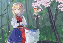  1girl alice_margatroid blonde_hair blue_dress blue_eyes book bow bowtie capelet cherry_blossoms chinese_commentary closed_mouth commentary_request doll dress falling_petals flower frilled_hairband frills grimoire grimoire_of_alice hairband holding holding_book holding_flower lolita_hairband medium_hair nanaku petals pink_petals red_bow red_bowtie red_hairband shanghai_doll solo touhou white_capelet 