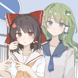  2girls alternate_costume blue_neckerchief bow brown_eyes brown_hair chinese_commentary closed_mouth commentary_request contemporary frilled_bow frilled_hair_tubes frills frog_hair_ornament green_hair hair_bow hair_ornament hair_tubes hakurei_reimu highres index_fingers_together kochiya_sanae long_hair looking_at_viewer multiple_girls nanaku neckerchief red_bow road_sign sailor_collar sailor_shirt school_uniform shirt sign single_hair_tube smile touhou white_sailor_collar white_shirt yellow_neckerchief 