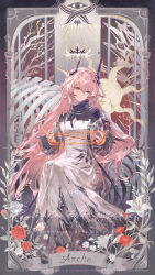  1girl absurdres ambiguous_red_liquid arknights black_horns black_shrug border burnt_clothes card_(medium) cat's_cradle chinese_commentary closed_mouth commentary_request commission dress flower grey_ribbon hair_between_eyes hands_up highres horns invisible_chair lily_(flower) long_hair long_sleeves ornate_border pink_hair plant red_eyes red_flower ribbon shiling shrug_(clothing) sidelocks sitting skeleton smile solo sun tarot tarot_(medium) theresa_(arknights) thorns turtleneck very_long_hair vines watermark white_dress white_flower 