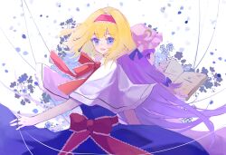  2girls :d absurdres alice_margatroid bell blonde_hair blue_bow blue_eyes book bow capelet commentary_request crescent crescent_hat_ornament dress dress_shirt floral_background frilled_hairband frills from_behind from_side hair_bell hair_bow hair_ornament hairband hat hat_ornament highres holding holding_book long_dress long_hair long_sleeves looking_at_viewer mob_cap multiple_girls neck_ribbon open_book open_mouth patchouli_knowledge pink_hat purple_dress red_ribbon ribbon shenjianwuzhi shirt short_hair sleeves_past_wrists smile touhou turning_head violet_eyes waist_ribbon white_capelet 