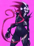  1girl bodysuit costume formal gwen_stacy highres hood long_tongue looking_at_viewer marvel sharp_teeth solo spider-gwen spider-man_(series) suit sushi_pizza_rrr symbiote teeth tongue venom_(marvel) 