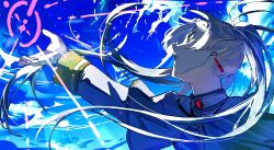  1girl absurdres blue_sky capelet clouds cloudy_sky commentary earrings elf english_commentary frieren green_eyes highres jewelry long_hair long_sleeves looking_up magic outdoors outstretched_arm parted_bangs pointy_ears profile shanuraru sky solo sousou_no_frieren twintails upper_body very_long_hair white_capelet white_hair 