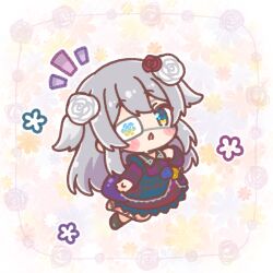  1girl black_boots blue_dress blue_eyes blue_flower blue_rose blush_stickers boots chestnut_mouth chibi commentary_request copyright_request dress eyepatch floral_background floral_print flower grey_hair hair_flower hair_ornament hand_up highres long_sleeves looking_at_viewer mitarashi_neko notice_lines parted_lips red_flower red_rose rose solo two_side_up virtual_youtuber white_flower white_rose yellow_flower yellow_rose 