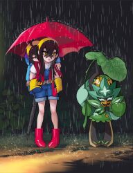  1boy 1girl aged_down alternate_costume black_hair blue_jacket blue_overalls boots brother_and_sister carmine_(pokemon) carrying closed_eyes closed_umbrella commentary_request crossed_bangs eyelashes hair_between_eyes hairband highres holding holding_mask holding_umbrella jacket kieran_(pokemon) leaf leaf_umbrella long_hair long_sleeves mask mole mole_under_eye night ogerpon ogerpon_(teal_mask) outdoors overalls parody parted_lips piggyback pokemon pokemon_(creature) pokemon_sv purple_hair rain red_boots red_hair red_umbrella rubber_boots shirt short_sleeves siblings standing star-shaped_pupils star_(symbol) symbol-shaped_pupils tonari_no_totoro totoro_bus_stop umbrella white_shirt wmituringo yellow_boots yellow_eyes yellow_hairband 