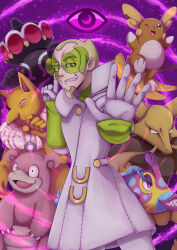  1boy ;d alakazam alolan_raichu aqua_pupils bruxish claydol colored_eyelashes commentary english_commentary eye_symbol faba_(pokemon) facial_hair fangs gloves goatee green-tinted_eyewear green_hair grin highres holding holding_pendulum hypno index_finger_raised jacket lips long_eyelashes long_sleeves male_focus nethermation nostrils one_eye_closed open_mouth pendulum pink_eyes pink_lips pokemon pokemon_(creature) pokemon_sm pokemon_team psychic_type_theme_(pokemon) sharp_teeth short_hair slowbro smile teeth tinted_eyewear white_gloves white_jacket 