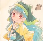  1girl backlighting bangs blue_hair closed_mouth frilled_sleeves frills from_side green_headwear hair_behind_ear hand_on_own_chin hand_up haniwa_(statue) haniyasushin_keiki head_scarf itomugi-kun long_hair looking_at_viewer looking_to_the_side puffy_short_sleeves puffy_sleeves red_eyes sepia_background shiny shiny_clothes shiny_hair shiny_skin short_sleeves simple_background smile solo swept_bangs touhou upper_body 