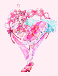  1girl back_bow bent_over blue_bow bow bowtie braid brooch capelet commentary cure_mystique dress earrings fingerless_gloves frilled_dress frills from_side glove_ribbon gloves grey_background hair_bow hair_ornament hair_ribbon hand_on_own_arm hand_on_own_face heart heart_brooch heart_hair_ornament highres huge_bow impossible_hair jewelry kobayashi_mikuru layered_dress layered_gloves leaning_forward long_hair looking_at_viewer magical_girl medium_dress meitantei_precure! off-shoulder_capelet open_mouth pact_holder paddy_field parted_bangs pink_bow pink_bowtie pink_capelet pink_dress pink_hair pink_shoes precure red_bow ribbon shoes simple_background smile solo standing thigh-highs turning_head twin_braids twintails twitter_username very_long_hair violet_eyes white_thighhighs wing_hair_ornament 