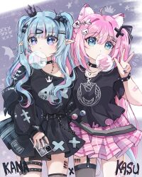  2girls ahoge animal_ear_fluff animal_ears black_choker black_shirt black_skirt blowing_bubble_gum blue_eyes blue_hair blunt_bangs breasts cat_ears cat_girl cellphone chewing_gum choker commentary crown draw_this_in_your_style_challenge earrings fish_skeleton_hair_ornament hair_ornament hairclip hand_up highres holding holding_phone jewelry long_hair looking_at_viewer mini_crown miniskirt multiple_girls original parallel_hairclips phone pink_hair pink_skirt pointy_ears shirt short_sleeves single_earring skirt small_breasts smartphone spiked_choker spikes twintails untranslatable_commentary w x_hair_ornament yuewishies 
