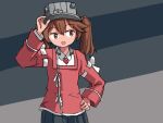  1girl black_skirt brown_eyes brown_hair english_commentary facing_viewer hand_on_hip japanese_clothes kantai_collection kariginu multicolored_background one-hour_drawing_challenge pleated_skirt red_shirt ryuujou_(kancolle) shirt sideways_glance sixten skirt solo standing twintails visor_cap 