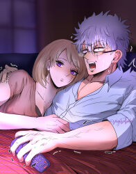  1boy 1girl absurdres blonde_hair couple cuddling gintama highres sakata_gintoki scar scar_on_face scared seigibathala tsukuyo_(gintama) violet_eyes watching_movie watching_television white_hair 