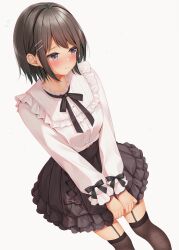  1girl black_bow black_bowtie black_skirt black_thighhighs blush bow bowtie breasts buttons cherry_blossoms commentary_request cowboy_shot embarrassed flying_sweatdrops frilled_shirt frilled_skirt frills garter_straps grey_background hair_ornament highres layered_skirt long_sleeves looking_to_the_side medium_hair minato_ojitan original pink_shirt shirt simple_background skirt small_breasts solo standing thigh-highs x_hair_ornament 