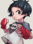  1girl black_hair blush_stickers brown_eyes child clenched_hand clothes_writing dragon_ball dragon_ball_super dragon_ball_super_super_hero female_child fingerless_gloves gloves grey_background kemachiku looking_at_viewer pan_(dragon_ball) red_gloves shirt short_hair simple_background solo t-shirt 
