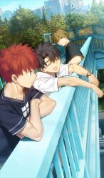  3boys against_railing artist_collaboration black_hair black_shirt blue_shirt bridge brown_hair chaldea_boys_collection closed_mouth commentary_request dutch_angle emiya_shirou fate/grand_order fate_(series) fujimaru_ritsuka_(male) game_cg kishinami_hakuno_(male) male_focus multiple_boys my_kind_of_abduction official_art open_mouth partial_commentary railing red_hair senji_muramasa_(fate) shirt short_hair short_sleeves sweatdrop takeuchi_takashi third-party_source urban wada_arco watch watch white_shirt 