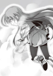  029 1girl ahoge arm_guards armor aura clenched_hand feet_out_of_frame from_side greaves greyscale hataraku_maou-sama! highres holding holding_sword holding_weapon long_hair long_sidelocks miniskirt monochrome novel_illustration official_art open_mouth pantyhose pleated_skirt profile shield shorts shorts_under_skirt sidelocks skirt smoke solo sword third-party_source v-shaped_eyebrows very_long_hair weapon yusa_emi 