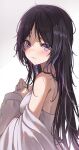  1girl 2gong_(9ujin_) black_hair blue_nails character_request closed_mouth copyright_request from_side highres long_hair looking_at_viewer mole mole_under_eye own_hands_together simple_background smile solo upper_body violet_eyes white_background 