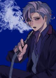  1boy black_jacket black_pants blue_background fuwa_minato fuwa_minato_(2nd_costume) grey_hair highres hookah jacket looking_to_the_side male_focus multicolored_hair nijisanji nnkkrr_28 open_clothes open_jacket open_mouth pants parted_bangs short_hair simple_background sketch smoke solo streaked_hair virtual_youtuber 