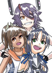  3girls black_hair black_sailor_collar brown_hair dark-skinned_female dark_skin english_commentary eyepatch grin headgear highres i-401_(kancolle) kantai_collection looking_at_viewer msile multiple_girls one-hour_drawing_challenge open_mouth orange_eyes orange_sailor_collar ponytail purple_hair ron_(pixiv83091338) sailor_collar sailor_shirt shirt short_hair sleeveless sleeveless_shirt smile suzukaze_(kancolle) teeth tenryuu_(kancolle) tenryuu_kai_ni_(kancolle) upper_body upper_teeth_only 