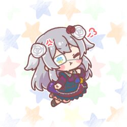  1girl :t anger_vein black_boots blue_dress blue_flower blue_rose blush_stickers boots chibi closed_eyes closed_mouth commentary_request copyright_request dress eyepatch facing_viewer floral_print flower grey_hair hair_flower hair_ornament hand_up highres long_sleeves mitarashi_neko pout red_flower red_rose rose solo star_(symbol) two_side_up virtual_youtuber white_background white_flower white_rose yellow_flower yellow_rose 