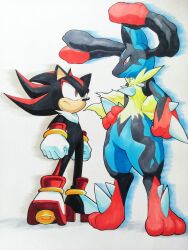 025aki 1boy absurdres clenched_hands commentary_request full_body furry furry_male gloves hand_on_own_hip highres looking_at_another lucario mega_lucario mega_pokemon pokemon pokemon_(creature) red_eyes shadow_the_hedgehog sonic_(series) standing white_gloves 