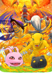  6+boys agumon black_skin blue_eyes body_markings botamon clawed_feet claws colored_skin commentary cyborg digimon digimon_(creature) digimon_adventure evolutionary_line fire gauntlets glowing glowing_eyes grass greymon highres horns koromon looking_at_viewer mask mechanical_arms mechanical_wings metalgreymon missile_pod multiple_boys multiple_wings muscular muscular_male no_humans no_pupils open_mouth orange_skin pink_skin red_eyes sharp_teeth skull_mask smile teeth torn_wings wargreymon wings wrongscale yellow_eyes 