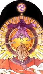  1boy 1girl alternate_costume blonde_hair broken broken_weapon ch_essss commentary death electro_symbol_(genshin_impact) english_commentary faceless faceless_female faceless_male floating from_behind genshin_impact holding holding_sword holding_weapon japanese_clothes katana kazuha's_friend_(genshin_impact) kimono purple_hair purple_kimono raiden_shogun scarf smoke smoke_trail spoilers stained_glass sun sword vision_(genshin_impact) weapon 