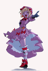  1girl beret black_gloves blonde_hair bow breasts cckm commentary dress dress_bow elbow_gloves empty_eyes fang footwear_bow frilled_dress frilled_sleeves frilled_socks frills full_body gem gloves hair_bow hand_on_own_hip hat hat_bow high-low_dress highres index_finger_raised jack-o'-lantern jewelry kneehighs lambdadelta looking_at_viewer mary_janes multiple_hair_bows necklace one_eye_closed open_mouth orange_eyes pearl_(gemstone) pearl_necklace pink_dress pink_hat pink_socks puffy_short_sleeves puffy_sleeves red_bow red_shoes shoes short_hair short_sleeves simple_background skin_fang small_breasts socks solo standing striped_clothes striped_socks umineko_no_naku_koro_ni white_background white_socks 