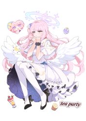  1girl angel_wings aqua_hair blue_archive blush breasts buttons capelet closed_mouth commentary_request double-breasted dress feathered_wings flower frilled_dress frills full_body gradient_hair hair_bun hair_flower hair_ornament halo heart high_heels highres long_hair looking_at_viewer low_wings medium_breasts mika_(blue_archive) multicolored_hair pantyhose pink_hair pink_halo pumps simple_background single_hair_bun single_side_bun smile solo urosu_(678_ner) very_long_hair white_background white_capelet white_dress white_overskirt white_pantyhose white_wings wings yellow_eyes 