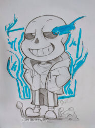  1boy 2025 2d aqua_background artist_name black_shorts blue_jacket bone chibi chibi_only commentary drawstring english_commentary fiery_background flaming_eye full_body glowing glowing_eye graphite_(medium) grey_hood half-closed_eyes hands_in_pockets highres hollow_eyes hood hood_down hooded_jacket humanoid jacket long_sleeves male male_focus male_only marker_(medium) monster monster_boy open_clothes open_jacket photo_(medium) sans_(undertale) shirt shorts sideways_glance signature simple_background single_vertical_stripe skeleton slippers socks solo standing striped_shorts teeth thedavidart traditional_media undead undertale utdr_(toby_fox) vertical-striped_clothes vertical-striped_shorts white_background white_shirt white_stripes 