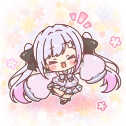  1girl :d ^_^ black_bow black_shoes blush_stickers bow chibi closed_eyes commission copyright_request facing_viewer floral_background hair_bow hair_intakes hair_ornament hairclip highres jacket long_sleeves mitarashi_neko notice_lines plaid_bow plaid_clothes plaid_skirt pleated_skirt puffy_long_sleeves puffy_sleeves purple_jacket rabbit_hair_ornament shoes skeb_commission skirt sleeves_past_fingers sleeves_past_wrists smile socks solo standing standing_on_one_leg virtual_youtuber white_socks 