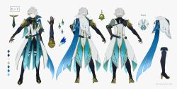  1boy ahoge alhaitham_(genshin_impact) alternate_costume aqua_gem arm_guards armor belt black_boots black_gloves black_pants black_shirt blue_belt blue_cape blue_feathers bodystocking boots brooch cape capelet chain closed_mouth coat color_guide colored_inner_hair ear_covers feathers fold-over_boots full_body gem genshin_impact gloves green_capelet green_eyes green_necktie grey_hair hair_over_one_eye hand_on_own_hip high_heel_boots high_heels highres jewelry looking_at_viewer male_focus multicolored_hair multiple_views necktie one_eye_covered outstretched_arm pants partially_fingerless_gloves pauldrons plume reference_sheet rokuroku_6ta shirt short_hair shoulder_armor side_cape simple_background single_pauldron solo standing stole sweater_guard thigh_boots turnaround two-sided_capelet two-sided_coat two-sided_fabric vision_(genshin_impact) white_background white_capelet white_coat wing_brooch 