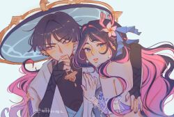  1boy 1girl arm_around_shoulder armor averting_eyes bandeau bare_shoulders black_bodysuit black_bridal_gauntlets black_hair blue_eyes blue_hat blue_kimono blue_nails blue_ribbon blunt_ends bodysuit braid bridal_gauntlets bright_pupils character_request choppy_bangs clenched_hand colored_inner_hair commission coral_hair_ornament couple earrings flower genshin_impact glint gold gold_ring hair_flower hair_ornament hair_ribbon half_up_braid hand_on_another's_back hand_on_another's_chest hand_on_own_chin hand_up hat hetero highres japanese_armor japanese_clothes jewelry jingasa juban kimono kote kurokote light_blush long_hair looking_to_the_side median_furrow middle_ring milkkbunnz multicolored_hair multicolored_nails oc_x_canon open_clothes open_hand open_kimono original parted_bangs pearl_earrings pink_flower pink_hair pink_nails purple_bandeau purple_nails purple_rope raised_eyebrows ribbon rope scaramouche_(genshin_impact) second-party_source shared_hat short_sleeves shoulder_peek streaked_hair string_of_pearls tsurime very_long_hair violet_eyes wanderer_(genshin_impact) wavy_hair white_background white_kimono white_pupils white_sleeves 