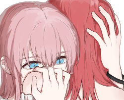  2girls blue_eyes bocchi_the_rock! bracelet chinese_commentary commentary_request gotoh_hitori hand_in_another's_hair hand_on_another's_shoulder highres jewelry kita_ikuyo long_hair multiple_girls obscuremisty pink_hair red_hair simple_background white_background yuri 