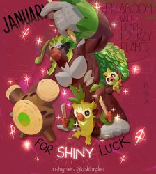  alternate_color ashionglee black_eyes bright_pupils character_name closed_mouth commentary dated drum drum_set drumsticks english_commentary english_text evolutionary_line fangs grookey holding holding_drumsticks holding_stick instagram_username instrument leaf open_mouth orange_eyes pokemon pokemon_(creature) pokemon_focus red_background rillaboom shiny_pokemon smile sparkle stick thwackey white_pupils 