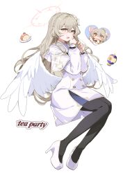  1girl angel_wings black_neckerchief blue_archive blush braid brown_eyes brown_hair buttons capelet commentary_request double-breasted dress feathered_wings flower full_moon gold_trim hair_between_eyes hair_flower hair_ornament halo highres long_hair long_sleeves low_wings moon nagisa_(blue_archive) neckerchief open_mouth red_halo simple_background smile solo urosu_(678_ner) very_long_hair white_background white_capelet white_dress white_flower white_wings wings 