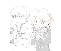  2boys black_gloves black_jacket brown_hair closed_mouth coat food gloves grey_hair hanamura_yousuke headphones headphones_around_neck holding holding_food jacket kkyagdoyo164972 korean_text long_sleeves male_focus multiple_boys narukami_yu open_mouth persona persona_4 plaid_clothes plaid_scarf scarf school_uniform short_hair simple_background taiyaki translation_request upper_body wagashi white_background white_coat yasogami_school_uniform 