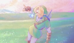  1boy absurdres belt blonde_hair commentary fairy fairy_wings field grass green_hat green_tunic grey_pants hat highres horizon link male_focus naltu101 navi on_ground outdoors pants pointy_ears shield shield_on_back standing sword sword_on_back the_legend_of_zelda the_legend_of_zelda:_ocarina_of_time tunic weapon weapon_on_back wings 