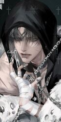  1boy artist_name auauko123 bandaged_hand bandages bare_shoulders black_hood chain claw_ring coat collar dark_background decorations english_text face_piercing fur-trimmed_coat fur_coat fur_collar fur_trim grey_hair half-closed_eyes hashtag-only_commentary highres hood jewelry korean_commentary korean_text lip_piercing male_focus mixed-language_text original piercing portrait ring scar short_hair sitting sleeveless tattoo watermark watermark_grid white_fur 