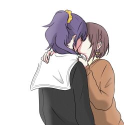  2girls asahina_mafuyu black_sweater brown_hair brown_sweater commentary_request hand_on_another's_shoulder highres kiss long_hair multiple_girls ponytail project_sekai purple_hair sailor_collar school_uniform serafuku shinonome_ena short_hair simple_background sweater torakwok white_background white_sailor_collar yuri 