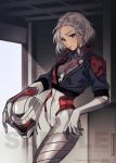  1girl blue_eyes bodysuit bomber_jacket braid commission dog_tags fishine helmet highres jacket looking_at_viewer original pilot_suit short_hair skin_tight skindentation solo source_request thighs unzipped white_hair 
