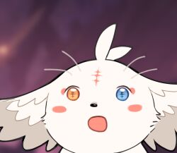  abby_(wuthering_waves) absurdres blue_eyes blush_stickers commentary crezz_(infj_crezz) english_commentary facial_mark forehead_mark heterochromia highres meme no_humans open_mouth orange_eyes purple_background solo surprised_pikachu_(meme) wuthering_waves 