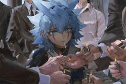  6+boys alien_888 antenna_hair bags_under_eyes belt_pouch black_coat black_necktie blazer blue_hair cigarette coat commentary depressed dress_shirt facial_mark facing_another fire green_eyes hair_between_eyes hair_slicked_back hands_in_pockets highres holding holding_lighter holding_matchbox holding_matchstick jacket lighter looking_at_another male_focus malena_(movie) multiple_boys necktie outdoors outside_border pouch shirt shoulder_pads spiky_hair suit surrounded unlit_cigarette_in_mouth upper_body white_coat white_shirt yu-gi-oh! yu-gi-oh!_go_rush!! yudias_velgear zippo_lighter 