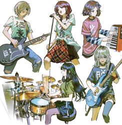 5girls ahoge awa_subaru black_hair blue_bow blue_eyes blue_shirt bow brown_eyes brown_hair commentary_request cropped_legs drum drum_set drumsticks ebizuka_tomo electric_guitar fender_telecaster gibson_sg girls_band_cry green_ribbon green_shorts grey_hair guitar hair_between_eyes hair_ornament hair_ribbon hairband highres holding holding_drumsticks holding_guitar holding_instrument holding_microphone holding_microphone_stand instrument iseri_nina jewelry kawaragi_momoka keyboard_(instrument) long_hair long_hair_between_eyes long_sleeves looking_down low_twintails lunifish microphone microphone_stand multiple_girls music one_eye_closed open_mouth pantyhose playing_drums playing_instrument red_hair ribbon rupa_(girls_band_cry) shirt shoes short_hair short_sleeves short_twintails shorts sidelocks simple_background single_thighhigh sitting sweatdrop thigh-highs togenashi_togeari torn_clothes torn_pantyhose twintails violet_eyes white_background white_shirt x_hair_ornament 