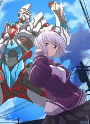  1boy 1girl armor black_armor black_skirt blue_armor blue_sky bow bowtie breastplate breasts clenched_hands commentary forehead_jewel full_armor gauntlets gem giant grey_pantyhose gridman_(character) gridman_(ssss) gridman_universe jacket long_sleeves looking_at_viewer medium_breasts medium_hair multicolored_armor off_shoulder outdoors pantyhose pleated_skirt power_lines purple_bow purple_bowtie purple_hair purple_jacket red_armor red_eyes reibun_(raven1119) robot school_uniform shinjou_akane shirt shoulder_armor shoulder_pads silver_armor skirt sky smile ssss.gridman standing tokusatsu white_shirt yellow_eyes 