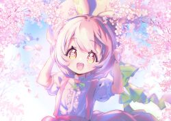  1girl alternate_hair_color animal_ears bow center_frills cherry_blossoms commentary_request day falling_petals frills green_hair hands_on_headwear hat hat_bow highres looking_at_viewer medium_hair mochitsuki_kagami multicolored_eyes neck_ribbon open_mouth outdoors petals pink_eyes pink_hair puffy_short_sleeves puffy_sleeves ribbon short_sleeves skirt sky smile solo suspender_skirt suspenders voicevox yellow_eyes zundamon 