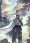  1boy absurdres airgetlam_(fate) armor bedivere_(fate) black_pants blue_eyes building cape closed_mouth clouds cloudy_sky fate/grand_order fate_(series) feet_out_of_frame gauntlets grey_hair hair_between_eyes hair_tubes highres holding_own_wrist long_hair looking_up male_focus mandarin_collar maru_(ma-ru8) pants prosthesis prosthetic_arm single_gauntlet sky solo standing white_cape 