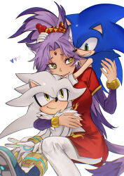  1girl 2boys absurdres alternate_costume animal_ears blaze_the_cat cat_ears cat_girl cat_tail china_dress chinese_clothes dress forehead_jewel furry furry_male green_eyes heart hedgehog_boy highres hug humanization multiple_boys pants purple_hair red_dress satosi_peter silver_the_hedgehog simple_background smile sonic_(series) sonic_the_hedgehog tail topknot white_background white_pants yellow_eyes 