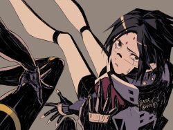  android artist_name black_hair crying dated facial_mark falke_(signalis) forehead_mark from_above fune_(nkjrs12) grey_background hand_on_another's_shoulder highres kolibri_(signalis) looking_at_viewer looking_up out_of_frame red_pupils short_hair signalis signature simple_background sitting tears 