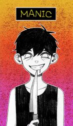  1boy antenna_hair black_tank_top blush colored_skin double-parted_bangs drooling english_text grin hair_between_eyes happy highres holding holding_knife knife krerue looking_at_viewer male_focus mouth_drool omori omori_(omori) open_mouth smile solo tank_top teeth upper_body white_eyes white_skin 