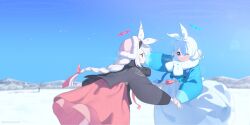  2girls absurdres alternate_costume alternate_hairstyle arona_(blue_archive) bare_tree black_hairband black_scarf blue_archive blue_eyes blue_hair blue_halo braid braided_ponytail breath chima_(clothes) commentary_request daenngi_meori earmuffs eye_contact fur-trimmed_headwear fur_trim hair_over_one_eye hair_ribbon hairband halo hanbok hat highres holding_another's_wrist jeogori_(clothes) korean_clothes long_hair looking_at_another mountain multicolored_hair multiple_girls one_eye_closed outdoors pink_halo pink_hat pink_ribbon pink_skirt pink_streaks plana_(blue_archive) ribbon scarf short_hair single_braid skirt snow streaked_hair tree two-tone_hair white_hair white_hairband white_ribbon white_scarf white_skirt yona_(yoroyoro) 