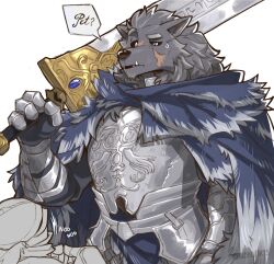  1boy 1other animal_ears armor black_fur blaidd_the_half-wolf blue_cape cape commentary elden_ring english_commentary english_text fangs furry furry_male greatsword greyy_arts highres holding holding_sword holding_weapon looking_at_another multiple_scars nodding open_mouth over_shoulder raised_eyebrow scar scar_on_face speech_bubble sweatdrop sword sword_over_shoulder tarnished_(elden_ring) weapon weapon_over_shoulder white_background wolf_boy wolf_ears 